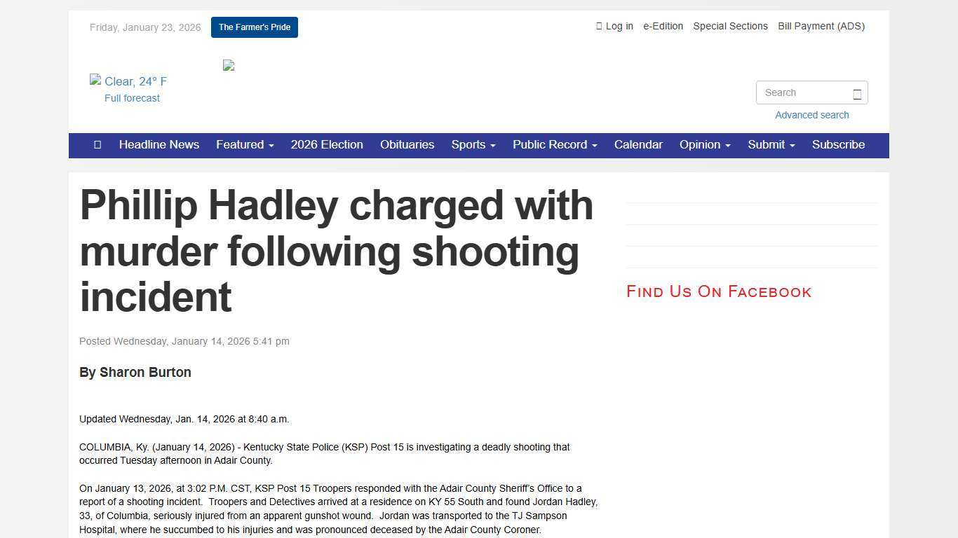 Phillip Hadley charged with murder following shooting incident - Adair County Community Voice